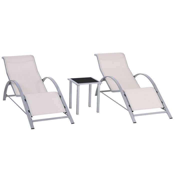 Metal Frame Garden Lounge Set - 3-Piece Outdoor Recliner Chair with Matching Table, Cream - Perfect for Patio Relaxation and Sunbathing