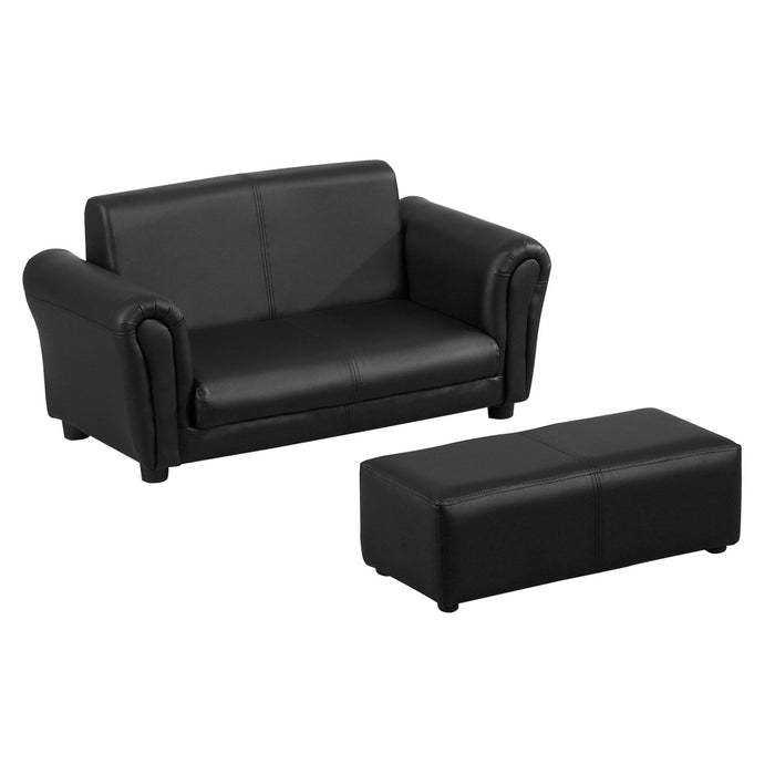 Kids Twin Sofa with Footstool - 2 Seater Toddler Chair in Black, Children's Double Seat Armchair - Perfect Couch for Boys and Girls Lounging and Play