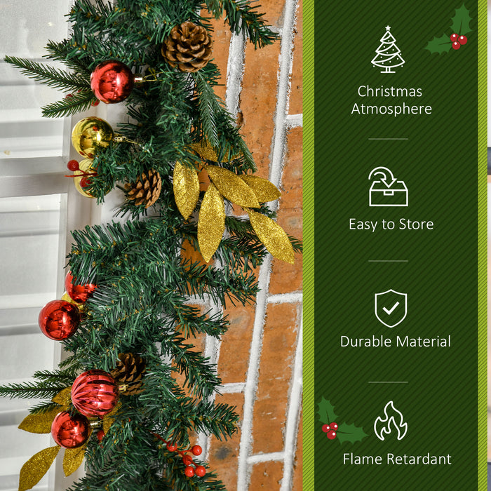 9ft Festive Non-Lit Christmas Garland - Lush Greenery with Pine Cones, Vivid Balls, and Leaves - Holiday Decor for Homes and Offices