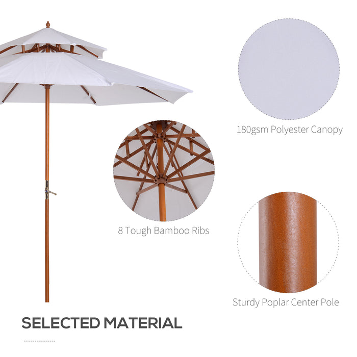 Double Tier 2.7m Patio Umbrella - Cream White Bamboo Garden Parasol with Sunshade - Ideal for Outdoor Relaxation and UV Protection