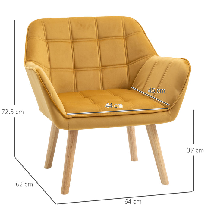 Accent Armchair with Wide Arms and Slanted Back - Padded Seat, Iron Frame and Wooden Legs in Yellow - Modern Bedroom Furniture Seating for Home, Set of 2