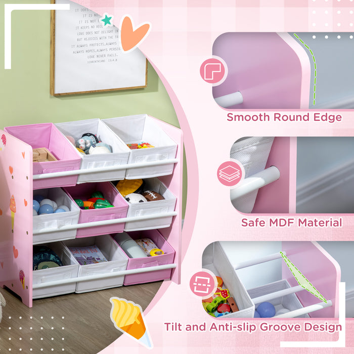 9-Bin Kids Storage Organizer - Removable Baskets Toy Box with Bookshelf - Nursery & Playroom Clutter Solution in Pink