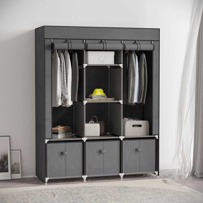 Portable Fabric Wardrobe with Shelves and Hanging Rails - Foldable Closet Organizer with Drawers, 125x43x162.5 cm, Dark Grey - Ideal Storage Solution for Clothes and Accessories