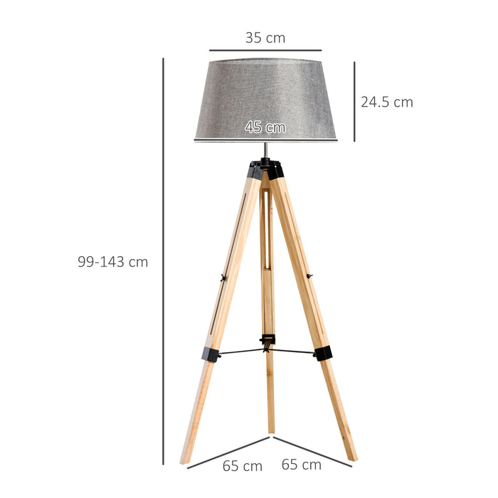 Adjustable Wooden Tripod Floor Lamp - Modern Design with E27 Bulb Compatibility, Grey Shade - Ideal for Contemporary Home Illumination