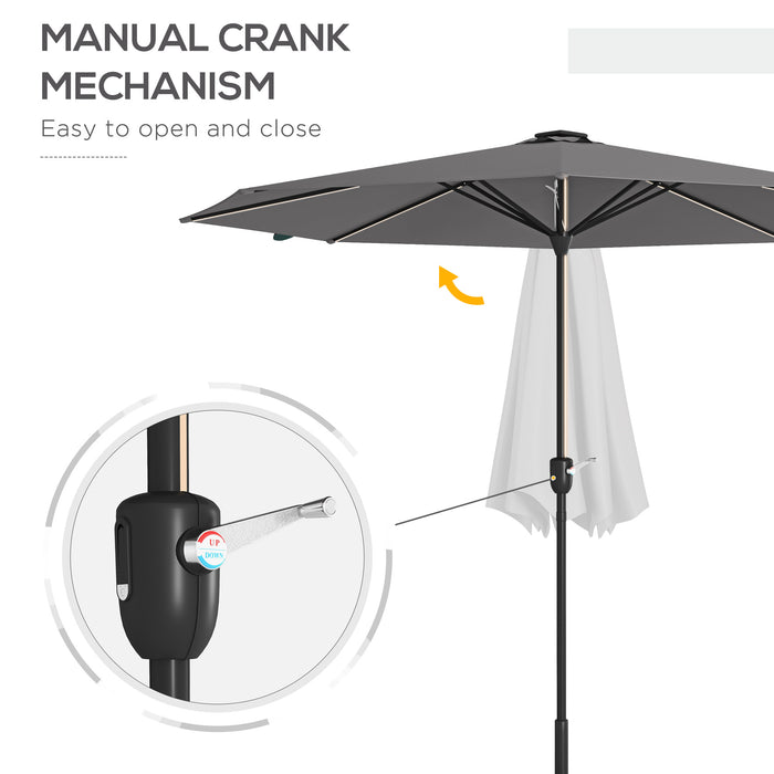 Solar-Powered LED Garden Parasol - Charcoal Grey Patio Umbrella with Crank Handle and Illumination - Perfect for Nighttime Outdoor Relaxation