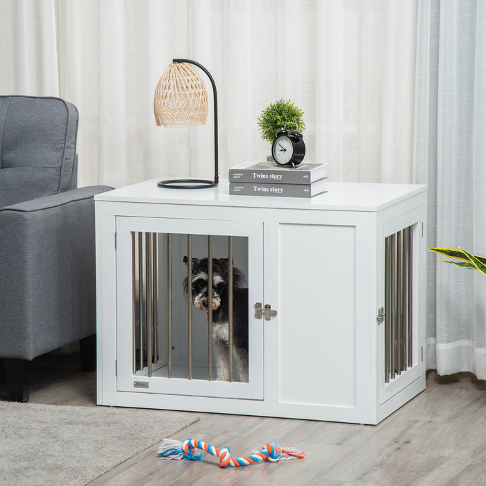 End Table Dog Crate with Style - Dual-Door Lockable Indoor Kennel for Medium Dogs - Decorative Puppy Home Furniture in White