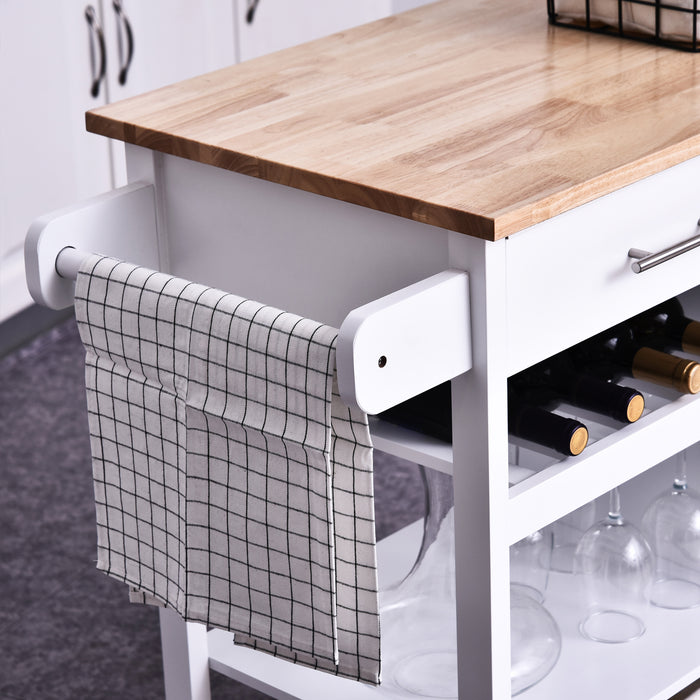 Kitchen Storage Trolley with Wheels - Rolling Cart with Shelves, Drawers, Towel Rail, and Wine Glass Rack - White Island Cupboard with Pine Wood Worktop for Space-Saving Organization