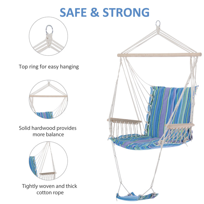 Outdoor Rope Swing Chair with Wooden Accents - Garden & Patio Cotton Hammock with Armrests and Footrest in Blue - Comfy Lounge Spot for Relaxation and Leisure