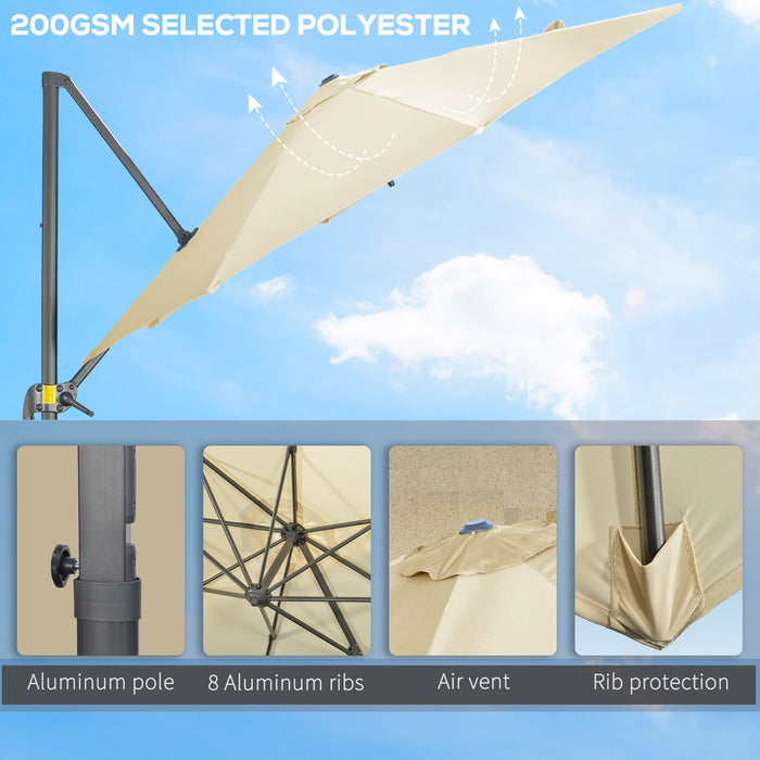 Cantilever Parasol with Cross Base - 3x3 Meter Cream White Garden Umbrella with 360° Rotation and Tilt - Ideal for Outdoor Patios and Sun Protection