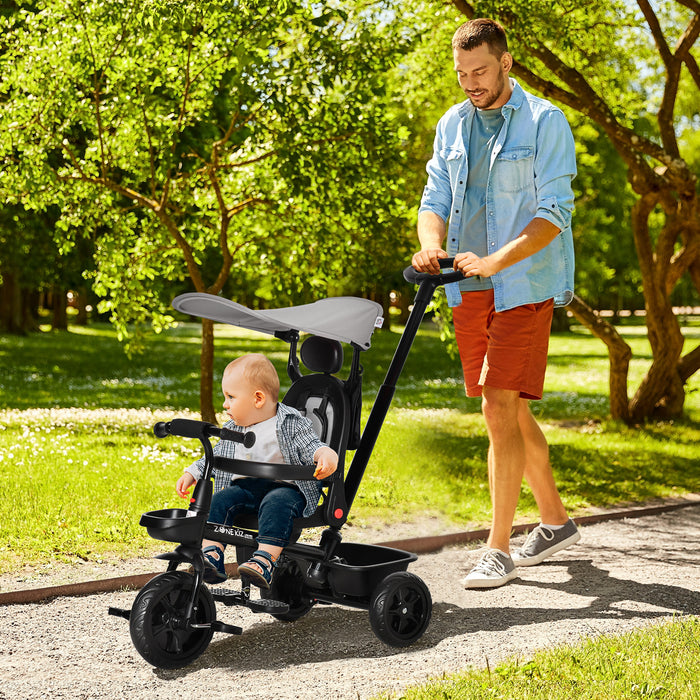 4-in-1 Convertible Trike with Reversible Seat - Adjustable Canopy, 3-Wheel Pushchair Design, Removable Handle for Toddlers - Versatile Outdoor Ride for Children Aged 1-5, Grey