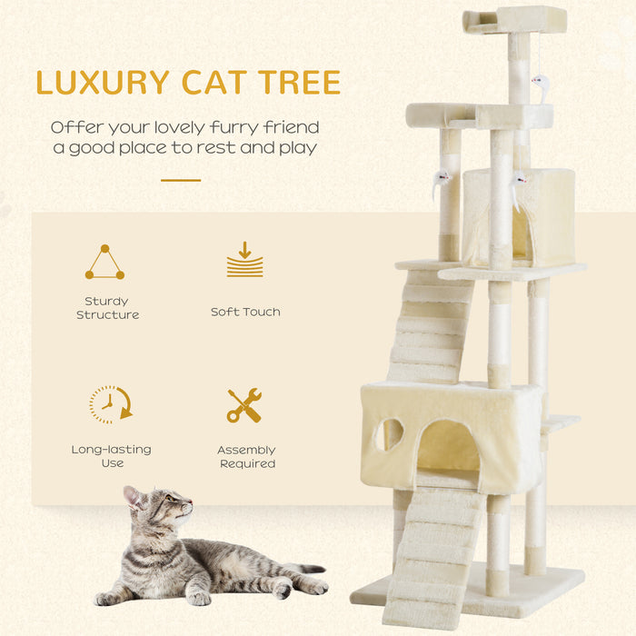 Cat Tower Centre Sisal - Multi-Level Kitten Tree with Scratch Post, Scratcher, Climbing Toy and Bed - 181cm Tall for Playful Cats and Kittens