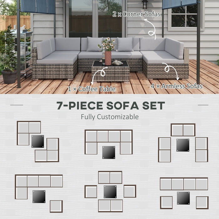 7-Piece PE Rattan Outdoor Lounge Set - Thick Padded Cushions, Glass Coffee Table, Patio Sofa Arrangement with Pillows, Mixed Grey - Ideal for Garden Entertaining and Relaxation