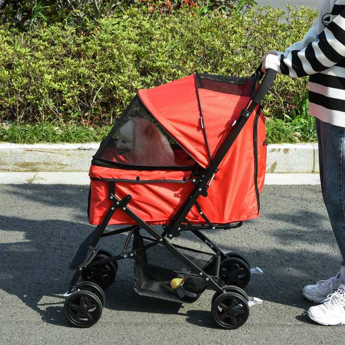 Foldable Pet Jogger Stroller - Reversible Handle, EVA Wheel Brakes, Adjustable Canopy with Safety Leash and Basket - Ideal for Dog Travel and Outdoor Activities