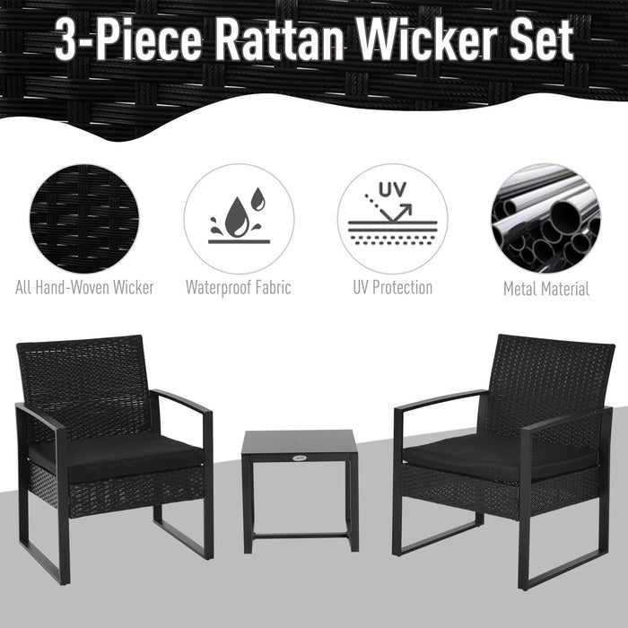 PE Rattan Wicker Patio Bistro Set - 2-Seater Garden Furniture with Coffee Table and Chairs, Black Weave - Ideal for Conservatory and Outdoor Lounging