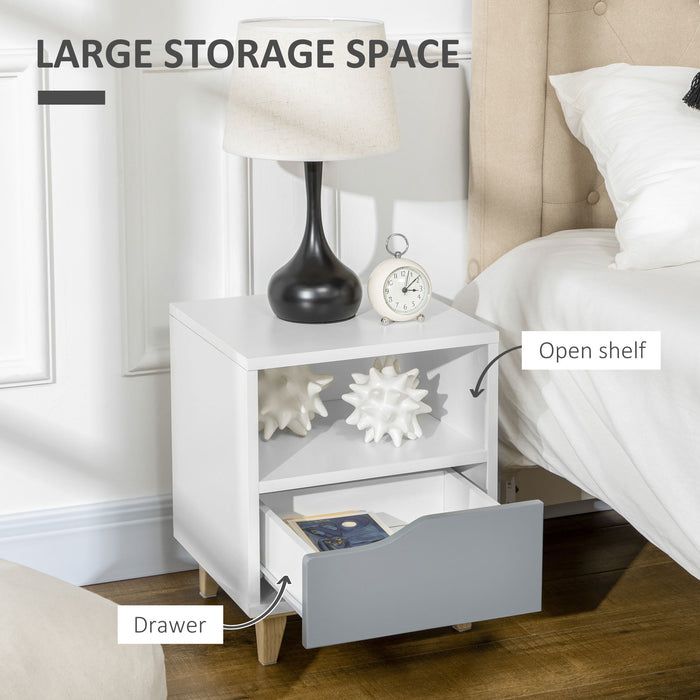 Modern White & Grey Bedside Table with Drawer and Shelf - Chic Side End Table with Sturdy Wooden Legs, 36.8cm x 33cm x 43.8cm - Ideal for Bedroom Organization and Style Enhancement