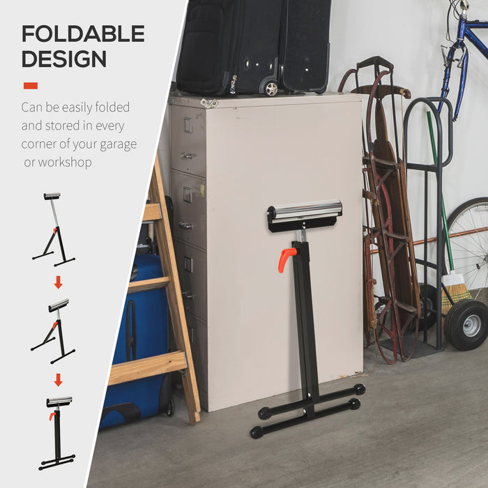 Folding Roller Stand with Ball Bearing - Height Adjustable Material Support Pedestal, Durable Metal Construction - Portable Tool for Workshop and Jobsite Use