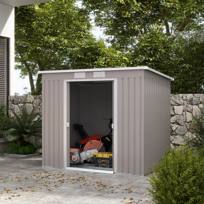 Outdoor Storage Shed with Foundation - Sturdy Metal Garden Equipment Organizer, Double Doors, Vented, Sloped Roof, Grey Finish - Secure Solution for Tools and Lawn Care Essentials