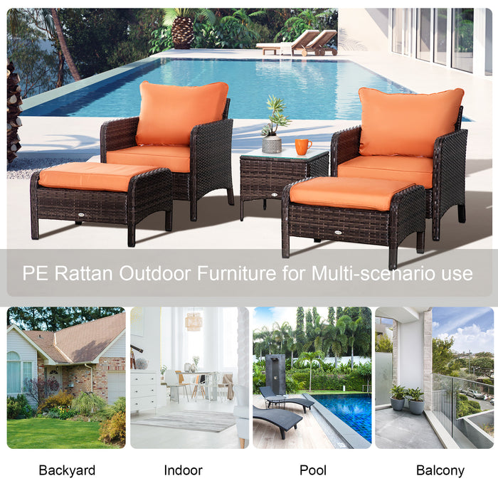 5-Piece PE Rattan Outdoor Furniture Set - Includes 2 Wicker Armchairs, 2 Stools, Glass Top Table with Comfortable Cushions - Elegant Patio Conversational Set for Garden and Backyard