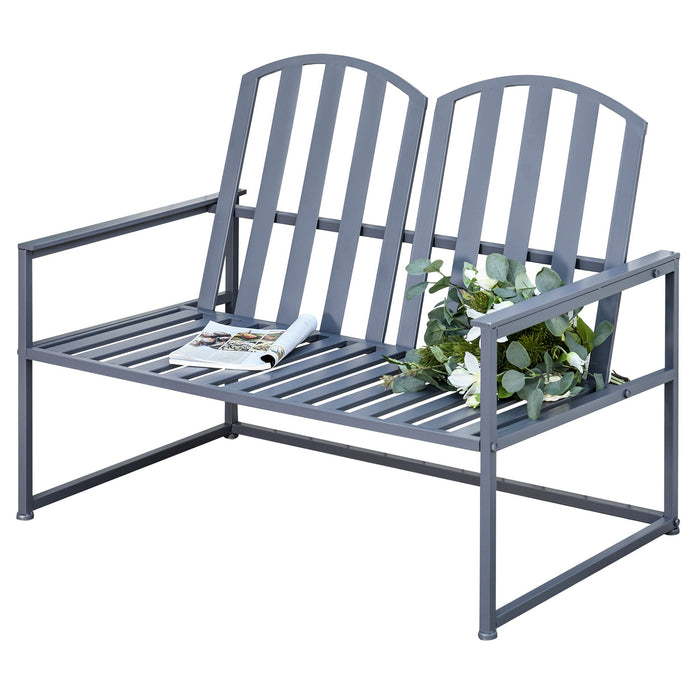 Steel Frame Garden Loveseat - 2-Seater Outdoor Bench with Decorative Slatted Design in Grey - Perfect for Park and Yard Relaxation