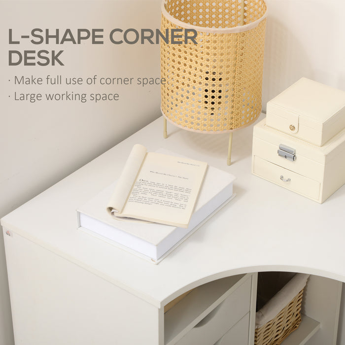 L-Shaped Corner Computer Desk with Storage - Study Table, Smooth Sliding Drawer, Workstation with Shelves - Space-Saving Design for Home Office, White