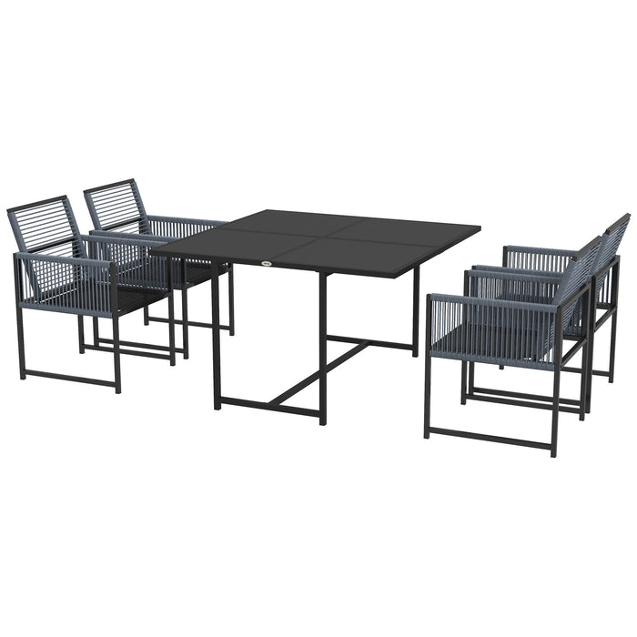 5-Piece Garden Dining Ensemble - Outdoor Patio Furniture with Foldable Chair Backrests & Tempered Glass Table - Ideal for Poolside Dining & Space-Efficient Design