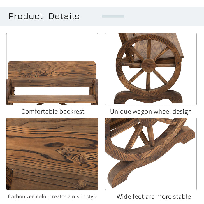 Wooden Cart Wagon Wheel Bench - 2-Person Rustic High-Back Garden Loveseat with Burnt Stain Finish - Charming Outdoor Seating for Couples and Decor Enthusiasts