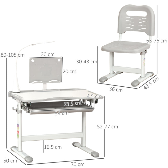 Activity Desk with USB Lamp - Kids Table and Chair Set with Storage Drawer for Study & Crafts - Ideal for Children's Creative Activities, Grey and White