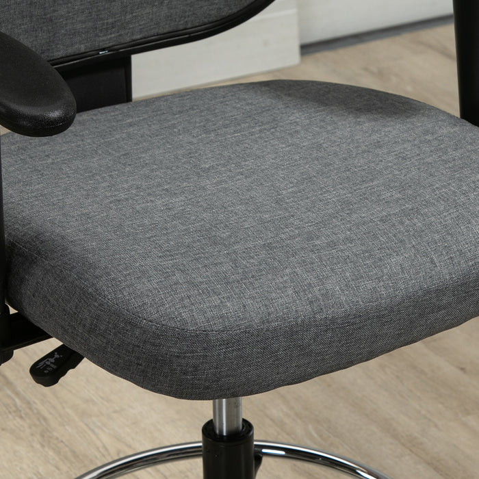 Adjustable Tall Drafting Chair with Footrest Ring - Ergonomic Fabric Chair for Standing Desks with Swivel Wheels, Armrests, Grey - Ideal for Designers and Architects