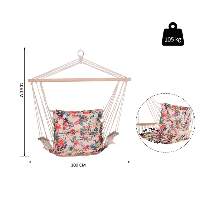 Hanging Hammock Chair with Thick Rope and Wooden Arms - Safe, Wide Seat with Stylish Multicoloured Floral Design for Outdoor Gardens - Comfortable Lounging for Your Personal Relaxation Spot