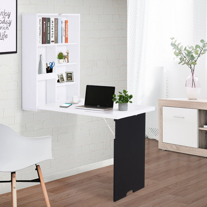 Space-Saving Wall-Mounted Drop-Leaf Desk - Multifunctional Design with Chalkboard and Shelf, White Finish - Ideal for Small Spaces and Home Organization