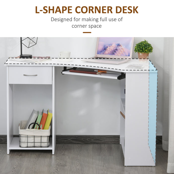 L-Shaped Desk with Keyboard Tray and CPU Stand - White Corner Computer Desk with 2 Shelves & Drawer for Work and Study - Ideal for Home Office and Bedroom Use