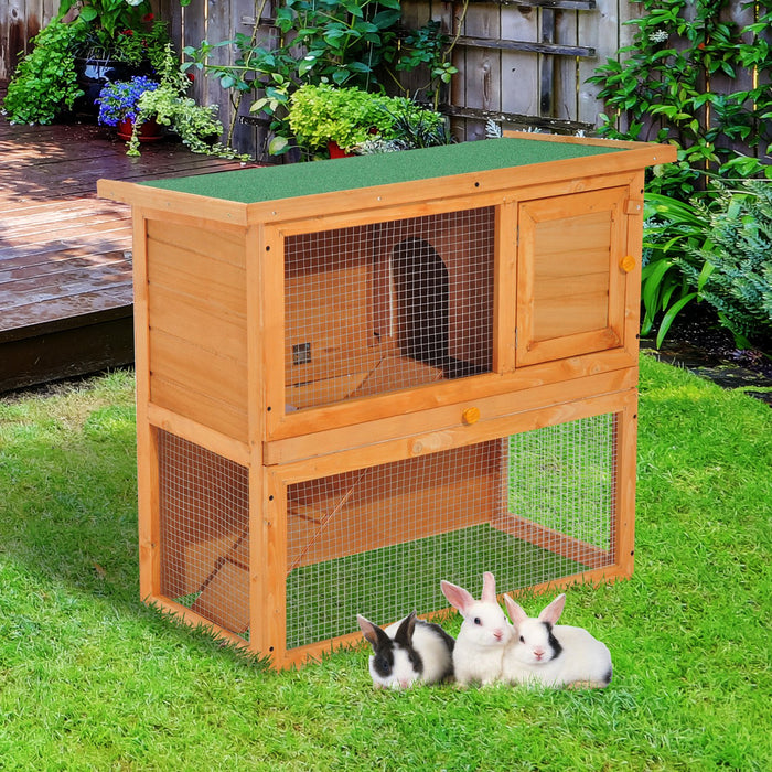 Wooden 90cm Double-Deck Hutch - Spacious 2-Tier Rabbit Enclosure with Sturdy Construction - Ideal for Small Pet Housing and Comfort