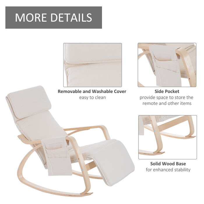 Adjustable Rocking Lounge Chair Recliner - Cream White Relaxation Seat with Footrest and Storage Pocket - Comfortable Seating Solution for Lounging and Relaxation