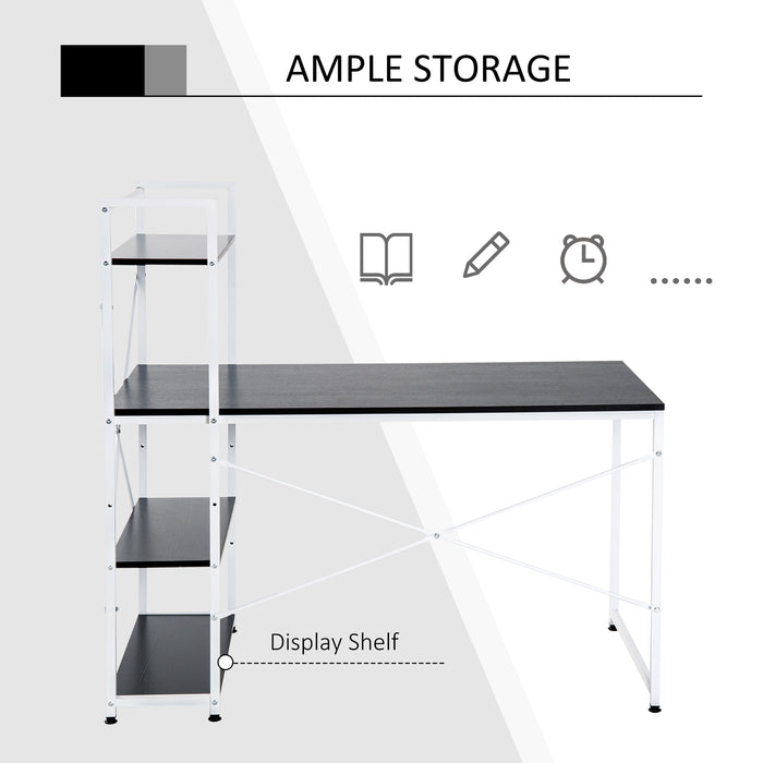 4-Tier Bookshelf Computer Desk - Sturdy Metal Frame with Wooden Top, Space-Saving PC Table for Study and Work - Ideal for Home Office Organization and Storage, Black & White Design