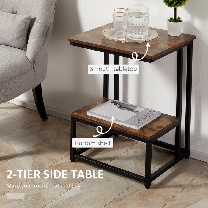 Double Layer Modern Side Table with Steel Frame - Rustic Brown End Table, Adjustable Non-Slip Feet - Ideal for Living Room, Bedroom Spaces