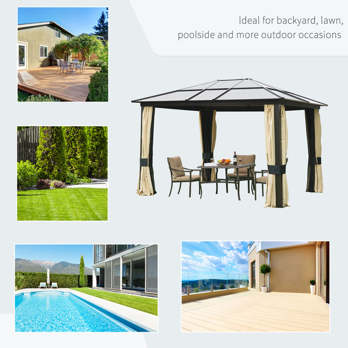 Hardtop Gazebo Canopy with Polycarbonate Roof - 3.6 x 3m Aluminium Frame Pavilion with Mosquito Netting & Curtains, Brown - Elegant Outdoor Shelter for Garden & Entertainment