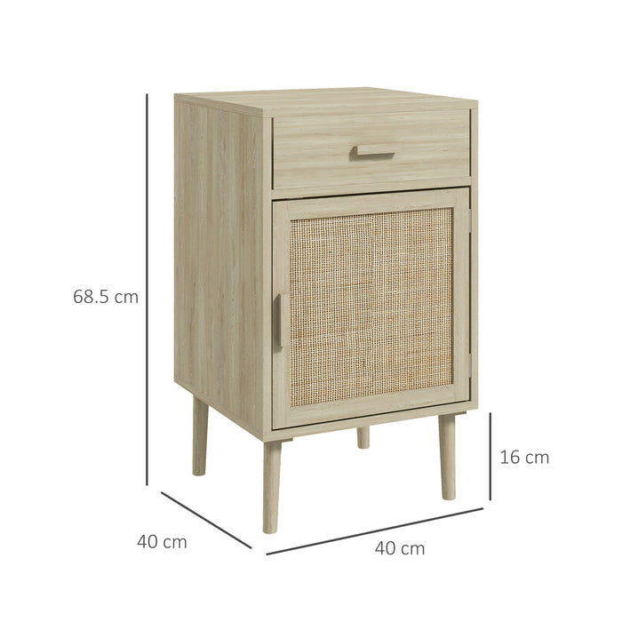 Rattan Side Tables with Adjustable Shelf and Storage - Set of 2 Bedside Cabinets with Drawer in Natural Wood Effect - Ideal for Bedroom and Living Room Organization