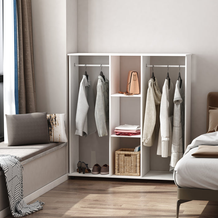 Double Mobile Open Wardrobe - Clothes Hanging Rails and Storage Shelves Organizer for Bedroom - Space-Saving White Furniture Piece