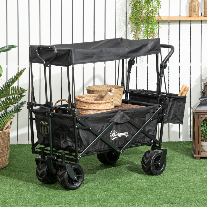 Beachcomber All-Terrain Folding Wagon - 4-Wheel Storage Trolley Cart with Handle and Overhead Canopy - Portable Push-Pull Trailer for Camping and Beach Outings, Black