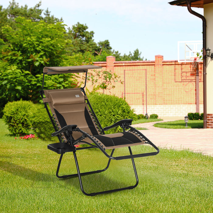 Zero Gravity Recliner - Foldable Patio Lounger with Sunshade, Drink Holder & Pillow - Perfect for Poolside Relaxation and Camping, in Earthy Brown