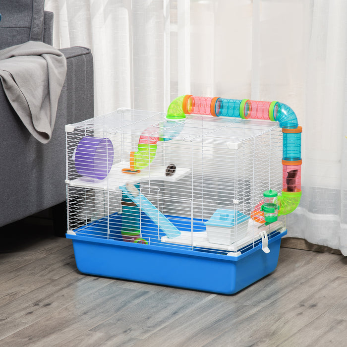 Spacious 3-Level Hamster Habitat - Includes Tunnel, Wheel, Water Bottle, Food Dish & Accessories - Perfect Home for Small Rodents with Cozy Hut and Ramps