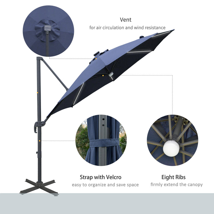 Cantilever Roma Parasol Umbrella with Solar LED Lights - Outdoor Patio Sunshade, 360° Rotation, Cross Base - Ideal for Garden Leisure and Entertaining