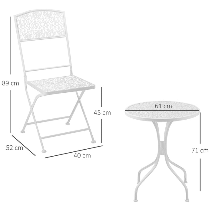 Compact White Bistro Set for Two - Folding Chairs and Round Table, Durable Metal Construction - Ideal for Small Gardens and Balconies