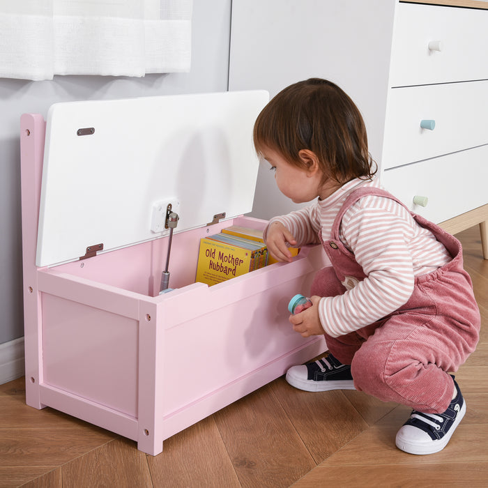 Kids' Wooden Toy Box with Seating - 2-in-1 Storage Chest and Bench with Safety Pneumatic Rod, 60x30x50cm, Pink - Ideal Space-Saving Organizer for Children's Playrooms