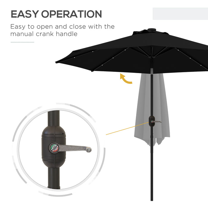 Outdoor Patio Umbrella - 2.7m Garden Parasol with Tilt and Crank Function, 24 LED Lights, in Black - Ideal for Nighttime Ambience & Sun Protection