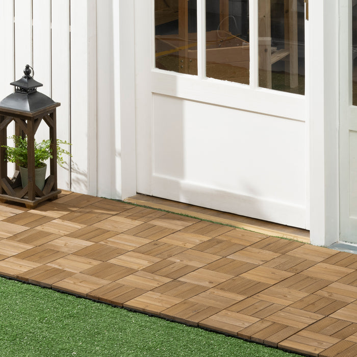 27 Pcs Interlocking Wooden Deck Tiles - Weather-Resistant Outdoor Patio and Balcony Floor Covering, 30x30 cm, 2.5㎡ Coverage - Ideal for Terrace & Hot Tub Areas, Brown Design