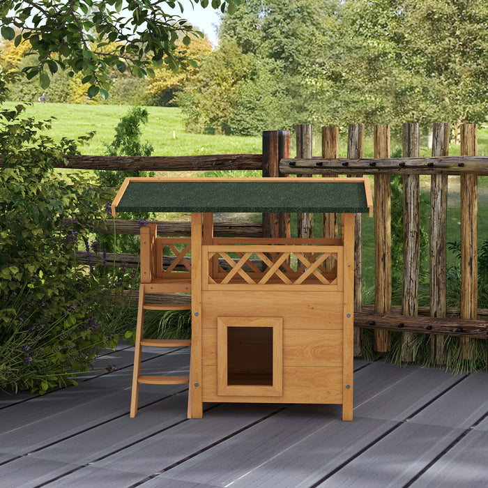 Outdoor Cat Shelter with Elevated Balcony and Stairs - Weatherproof Wooden Design, 77x50x73 cm - Perfect Hideaway for Cats in Gardens or Backyards