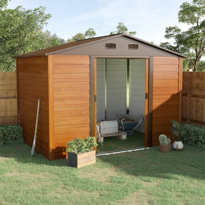 Metal Apex Garden Storage Shed - 9x6.5 ft, Brown Wood Grain, Foundation & Ventilation Included - Outdoor Tool and Equipment Organizer