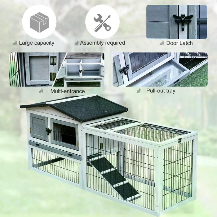 Two-Level Fir Wood Small Animal Hutch with Ramp - Burnt Grey Finish and Dual-Layer Living Space - Ideal for Rabbits and Guinea Pigs