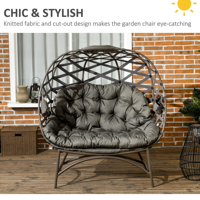 Folding 2-Seater Outdoor Egg Chair with Cushion - Woven Design with Cup Holder Pockets, Sand Brown - Ideal Garden Loveseat for Relaxing and Entertaining